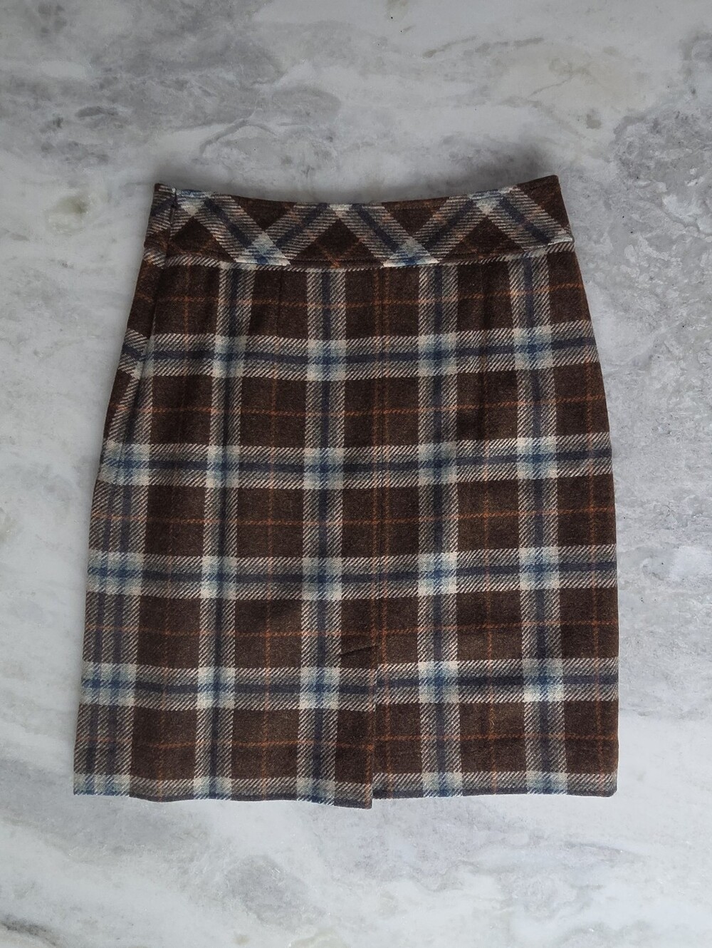 LlBean Plaid Wool-Blend Brown Mini Skirt with Blue Accent